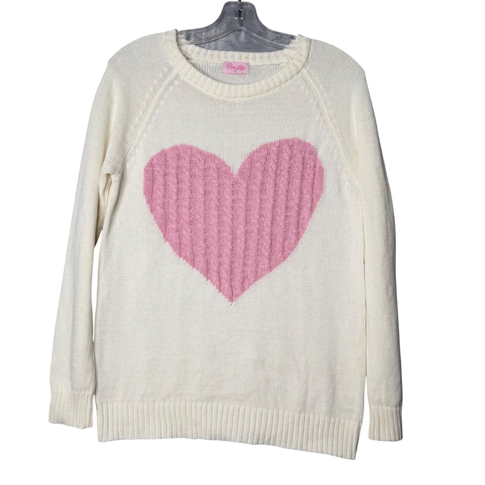 Pink Lily Heart Sweater Womens S White Pink Cable Knit Preppy Love Cute‎ Boho